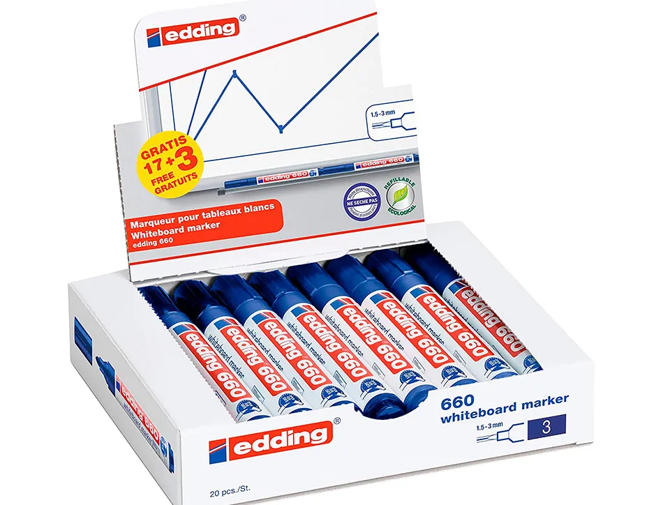 Marqueur edding e-660 tableaux blancs effacable a sec pointe moyenne trace 1,5/3mm bleu pack 17 + 3