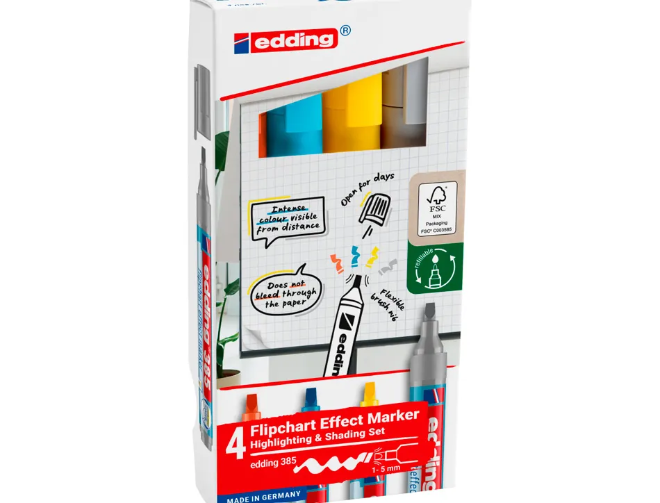 Marqueur edding permanent chevalet e385 pour effets pointe pinceau trace 1/5mm coloris assortis set 4 unites