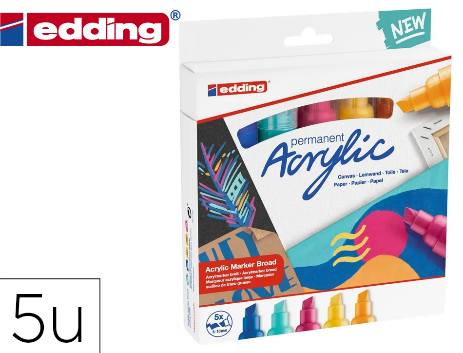Marqueur edding permanent acrylic 5000 pointe biseautee trait 5/10mm coloris assortis boite 5 unites