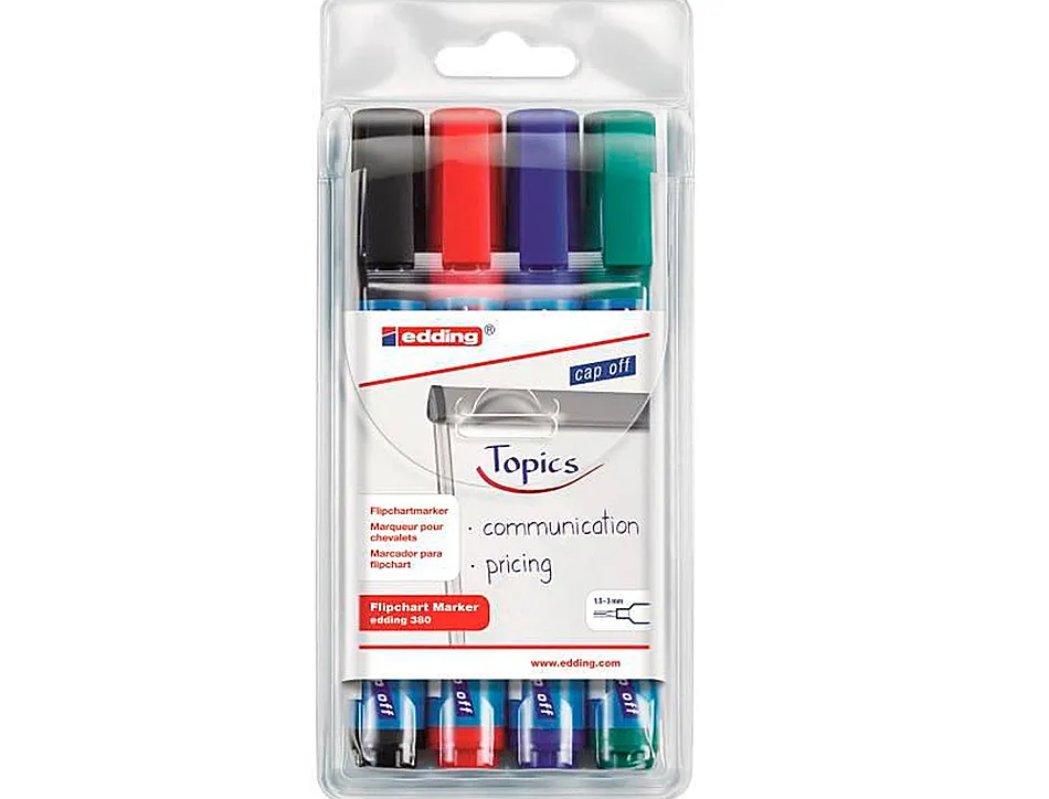 Marqueur edding permanent chevalet e380 pointe ogive tracé 1.5/3mm corps plastique spécial flipchart 4 unités assorties