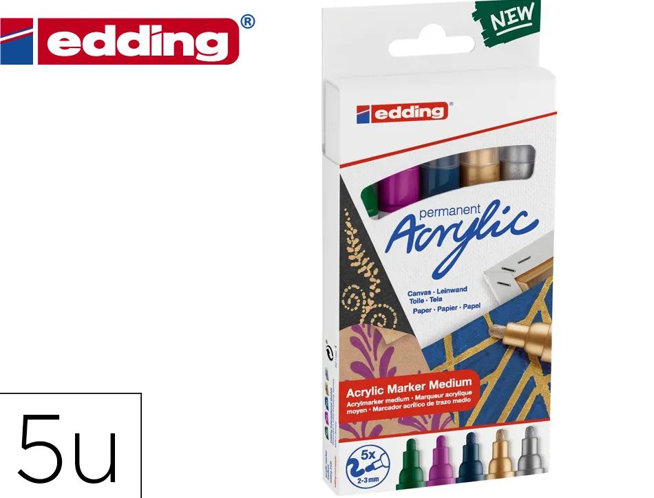 Marqueur edding permanent acrylic 5100 pointe ogive 2-3mm coloris festif assortis boite 5 unites