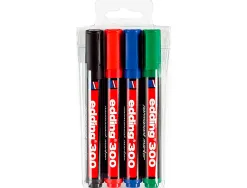 Marqueur edding permanent e300 pointe ogive tracé 1.5/3mm corps plastique pochette 4 unités assorties
