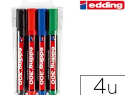 Marqueur edding permanent e300 pointe ogive tracé 1.5/3mm corps plastique pochette 4 unités assorties
