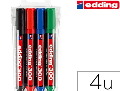Marqueur edding permanent e300 pointe ogive tracé 1.5/3mm corps plastique pochette 4 unités assorties