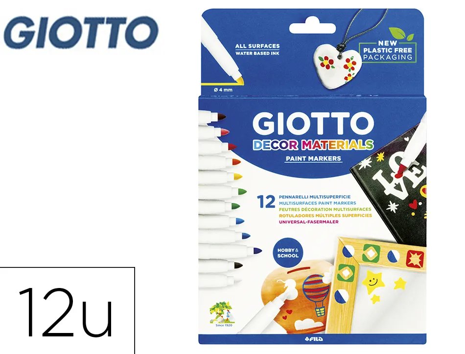 Marqueur giotto décor materials multi-supports permanent sur surfaces poreuses effaçable sur verre 12 unités assorties