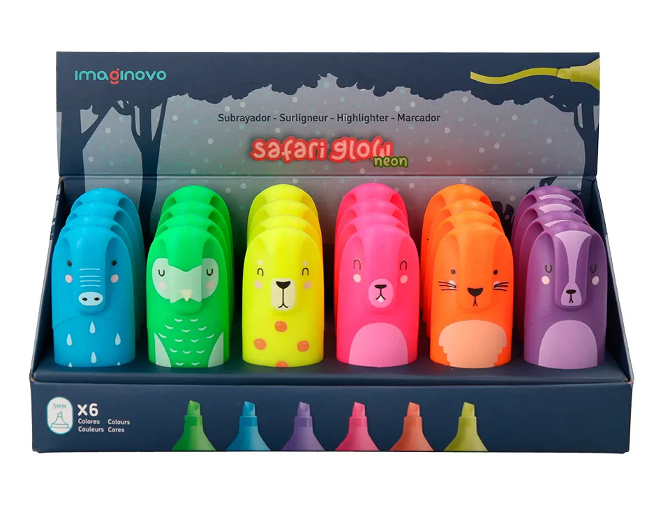 Marqueur imaginovo fluorescent safari glow neon animaux et clips assortis