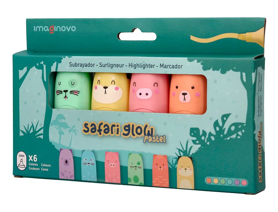 Marqueur imaginovo fluorescent safari glow pastel animaux boite de 6 unites assorties