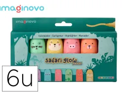 Marqueur imaginovo fluorescent safari glow pastel animaux boite de 6 unites assorties