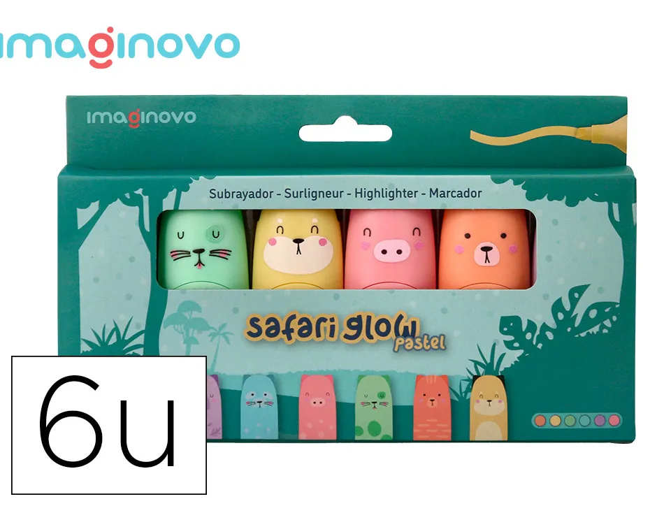 Marqueur imaginovo fluorescent safari glow pastel animaux boite de 6 unites assorties