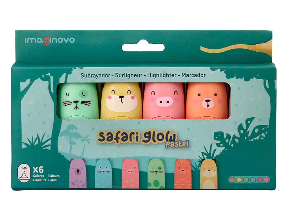 Marqueur imaginovo fluorescent safari glow pastel animaux boite de 6 unites assorties