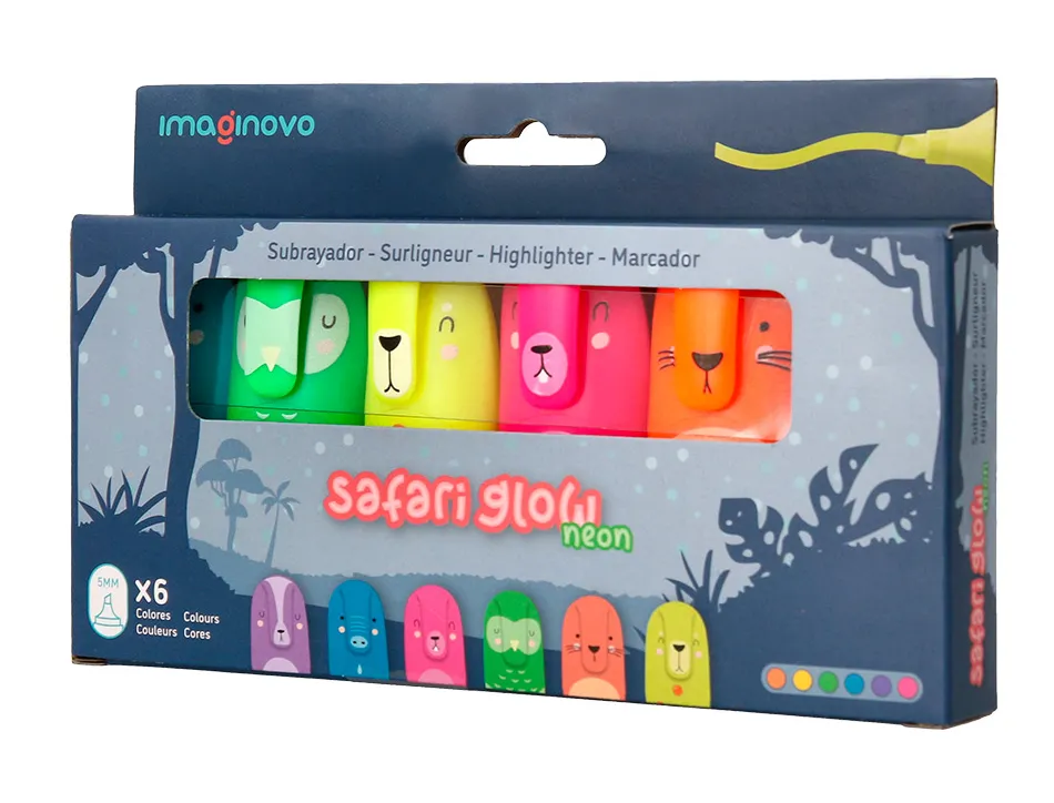 Marqueur imaginovo fluorescent safari neon animaux boite de 6 unites assorties
