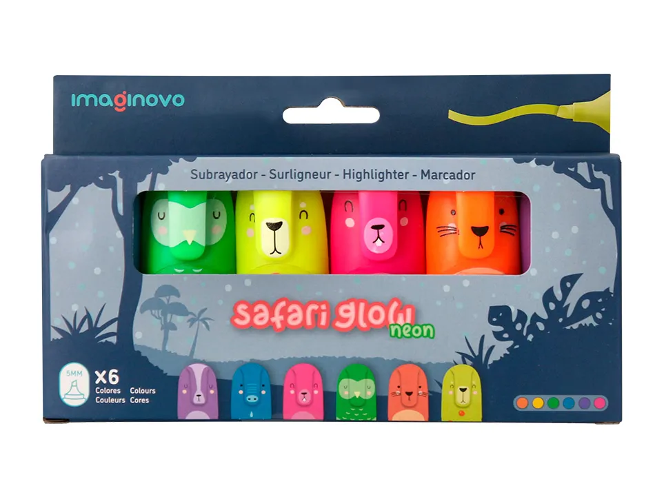 Marqueur imaginovo fluorescent safari neon animaux boite de 6 unites assorties