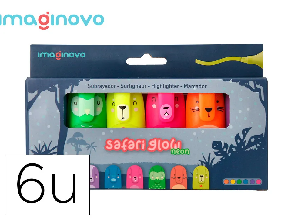Marqueur imaginovo fluorescent safari neon animaux boite de 6 unites assorties