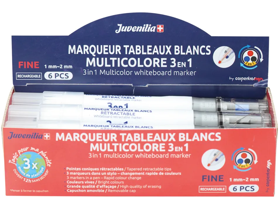 Marqueur juvenilia effacable tableau blanc multicolore 3 en 1 rechargeable pointe fine conique retractable