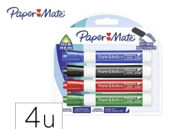 Marqueur paper mate effacable tableau blanc pointe biseautee coloris assortis standard blister 4 unites