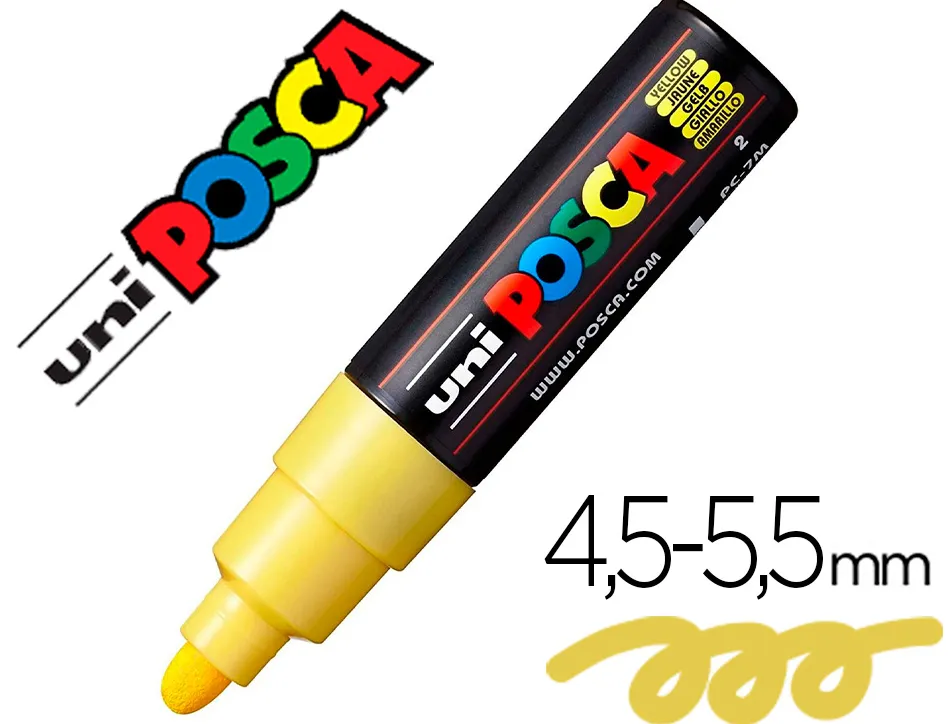 Marqueur peinture posca pc7m pointe large conique encre inodore couvrante miscible tous supports coloris jaune