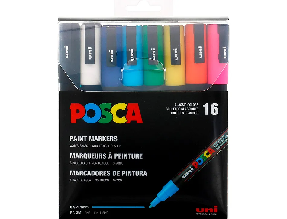 Marqueur peinture posca pc3m pointe fine conique encre inodore couvrante set 16 unites assorties