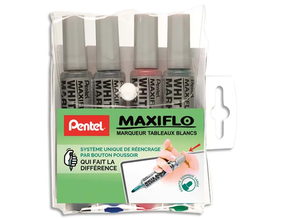 Marqueur pentel maxiflo effaçable tableau blanc pointe conique tracé 1,6mm écriture 1000m corps plastique recyclé 4u