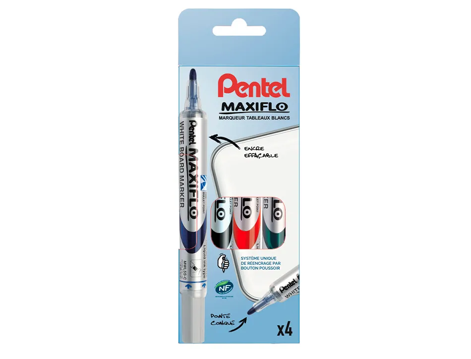 Marqueur pentel maxiflo effaçable tableau blanc pointe conique tracé 1,6mm écriture 1000m corps plastique recyclé 4u