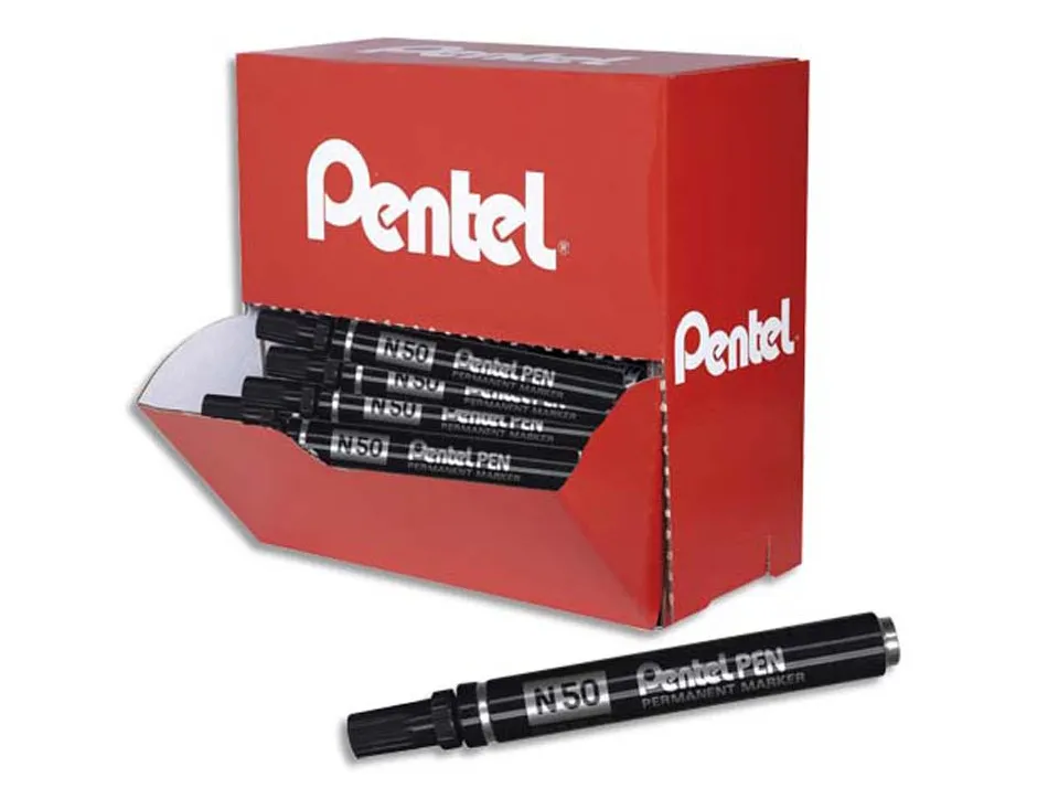 Marqueur pentel n50 permanent pointe ogive 4.3mm encre a solvant indelebile tous supports corps metal noir pack 36 uni
