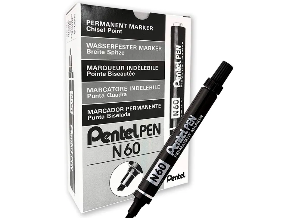 Marqueur pentel n60 permanent pointe biseautée 3.9/5.7mm encre à solvant indélébile tous supports corps métal noir