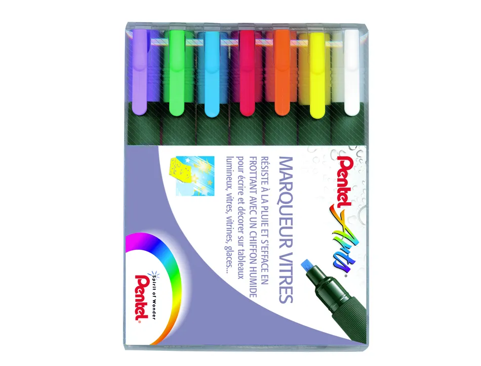 Marqueur pentel vitre effacable encre resistante pluie pointe biseaute 2mm coloris assortis pochette 7