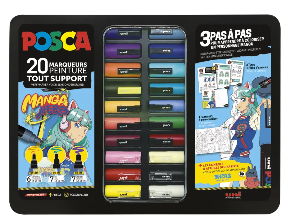 Marqueur posca coloris assortis malette metal noire 20 unites