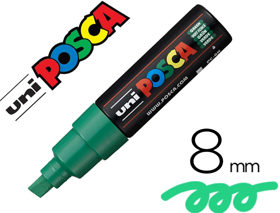 Marqueur posca pc8k base eau pointe biseautee large 8mm sans odeurs/alcool/solvant tout supports coloris vert