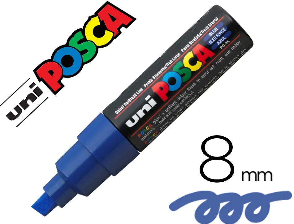 Marqueur posca pc8k base eau pointe biseautee large 8mm sans odeurs/alcool/solvant tout supports coloris bleu