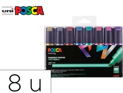 Marqueur posca pc8k pointe biseautee trait 8mm coloris metallises assortis boite 8 unites