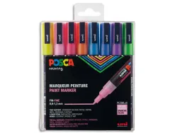 Marqueur posca pc3m gouache encre inodore toutes surfaces pointe fine conique coloris assortis pailletees 8 unités