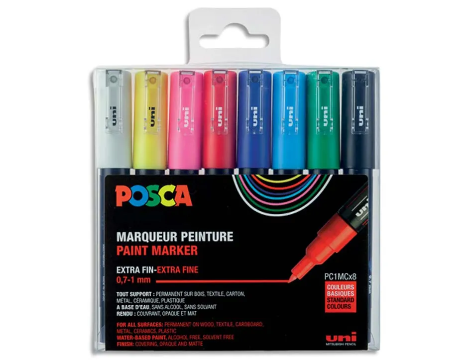 Marqueur posca pc1mc pointe conique extra fine trait 0,7-1mm coloris assortis boite 8 unites