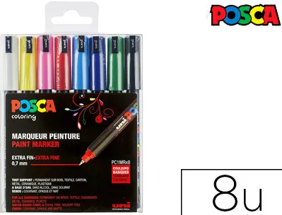 Marqueur posca pc1mr gouache encre inodore toutes surfaces pointe ultra-fine conique coloris basiques 8 unités