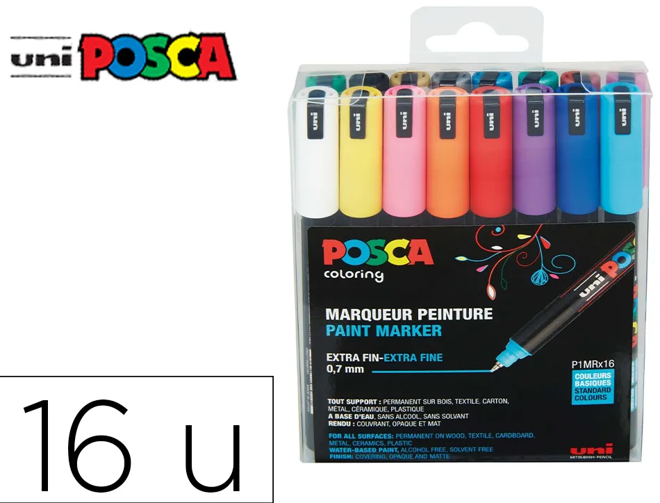 Marqueur posca pc1mr pointe calibree extra fine trait 0,7mm coloris assortis boite 16 unites