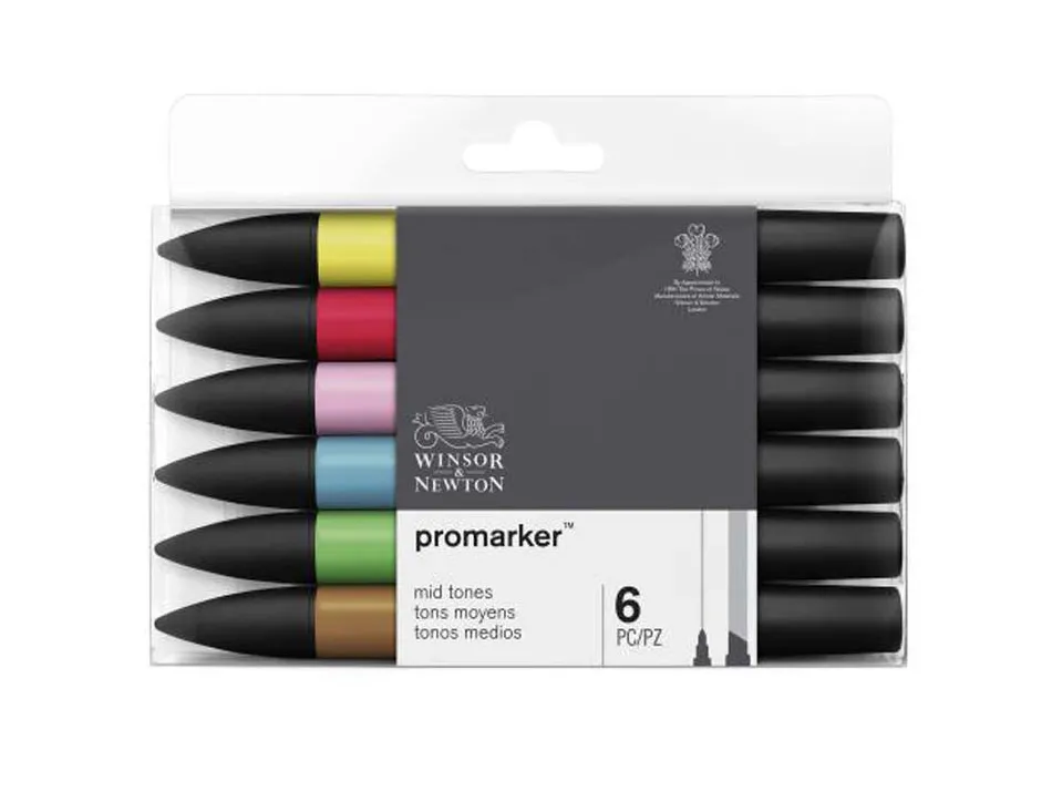Marqueur professionnel w&n promarker double pointe tons moyens jaune/tulipe/rouge/oeillet rose/bleu chine/cacao 6 unités