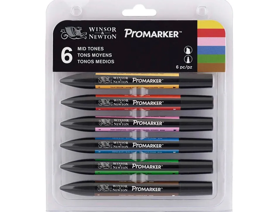 Marqueur professionnel w&n promarker double pointe tons moyens jaune/tulipe/rouge/oeillet rose/bleu chine/cacao 6 unités