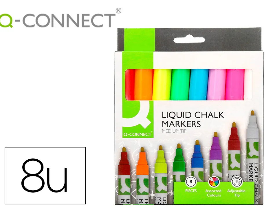 Marqueur q-connect craie liquide pointe ronde trace 3mm coloris assortis boite 8 unites