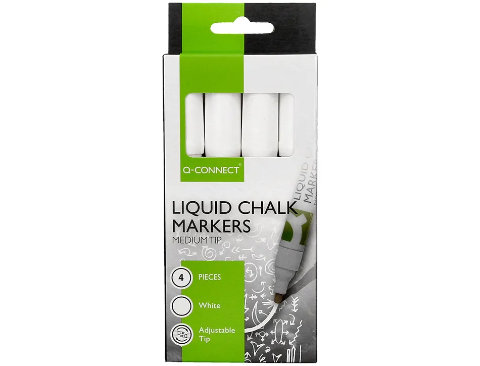 Marqueur q-connect craie liquide pointe ronde trace 3mm coloris blanc boite 4 unites