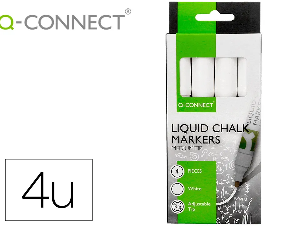 Marqueur q-connect craie liquide pointe ronde trace 3mm coloris blanc boite 4 unites
