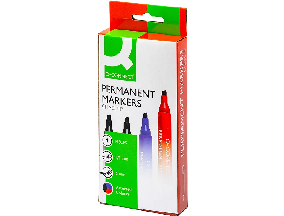 Marqueur q-connect permanent pointe biseautée tracé 5mm résistante corps plastique pochette 4 unités