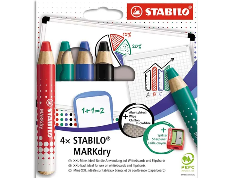Marqueur sabilo boss markdry pour ecrire sur de tableau blanc 4 marqueurs 1 taille crayon 1 chiffonette