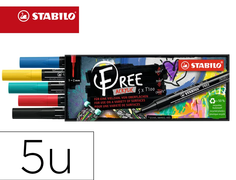 Marqueur stabilo royal free acrylic toutes surfaces t100 pointe fine set 2 coloris assortis coffret 5 unites