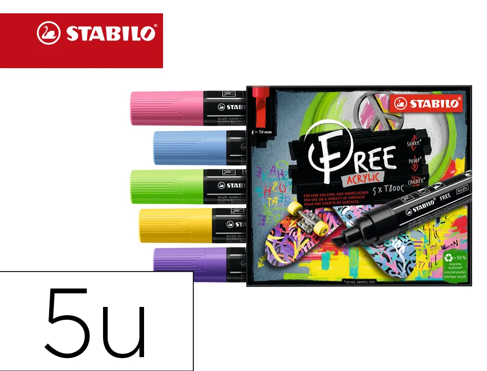 Marqueur stabilo seaside free acrylic toutes surfaces t800 pointe large biseautee set 4 coloris assortis coffret 5 uni