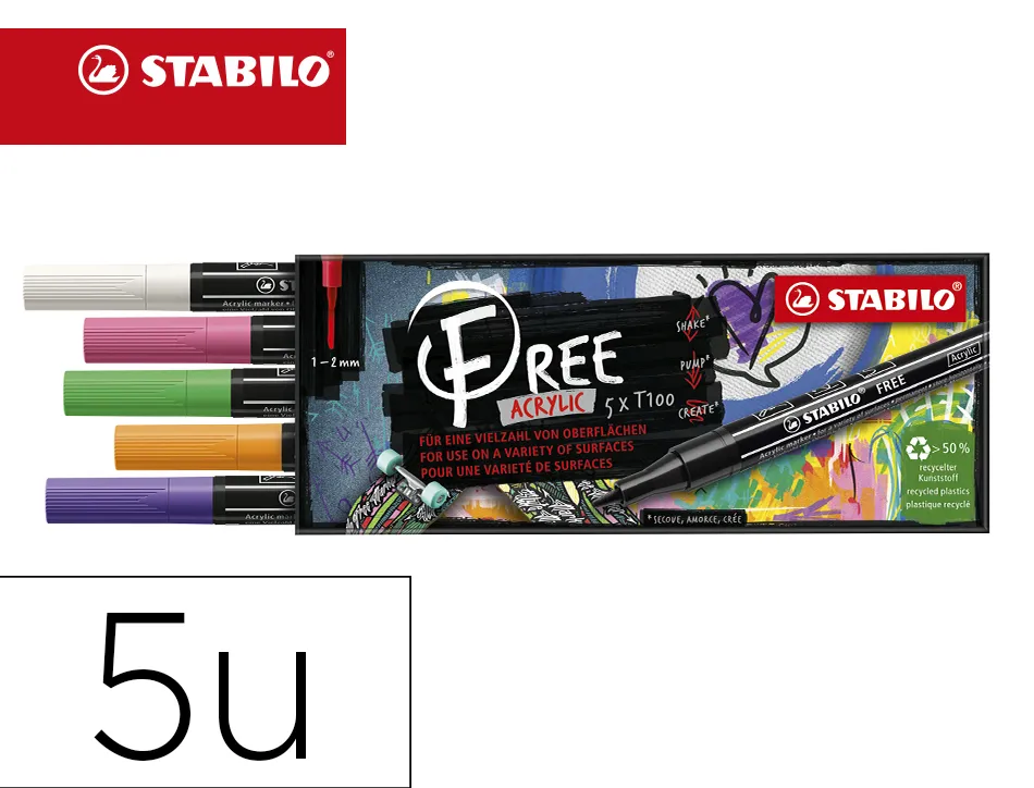Marqueur stabilo spring free acrylic toutes surfaces t100 pointe fine set 1 coloris assortis coffret 5 unites