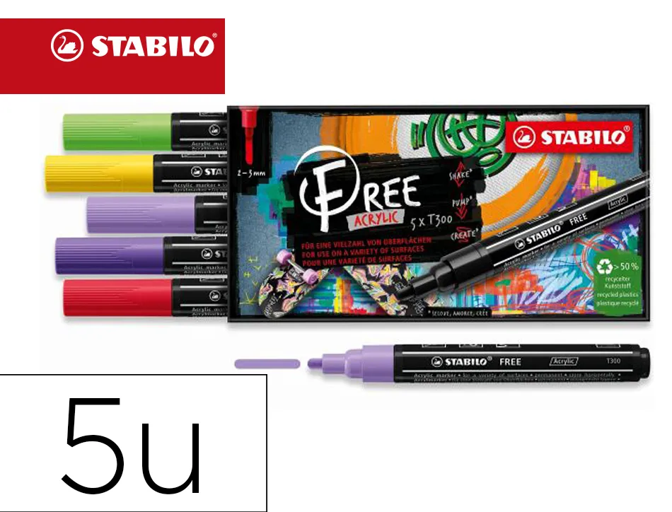 Marqueur stabilo vibrant free acrylic toutes surfaces t300 pointe moyenne set 4 coloris assortis coffret 5 unites