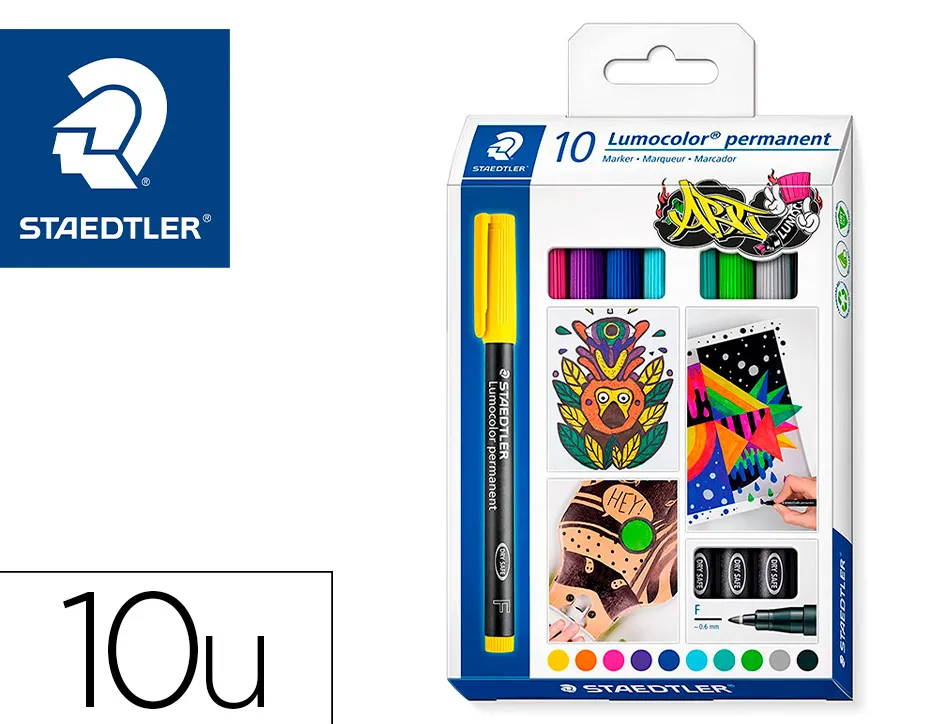 Marqueur staedtler permanent dry safe lumocolor 318 pointe fine 0,6mm coloris assrotis etui de 10 feutres