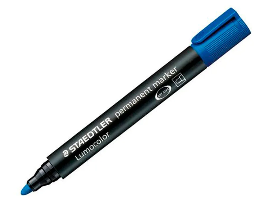 Marqueur staedtler permanent dry safe lumocolor pointe ogive rechargeable résistant eau corps noir encre bleue