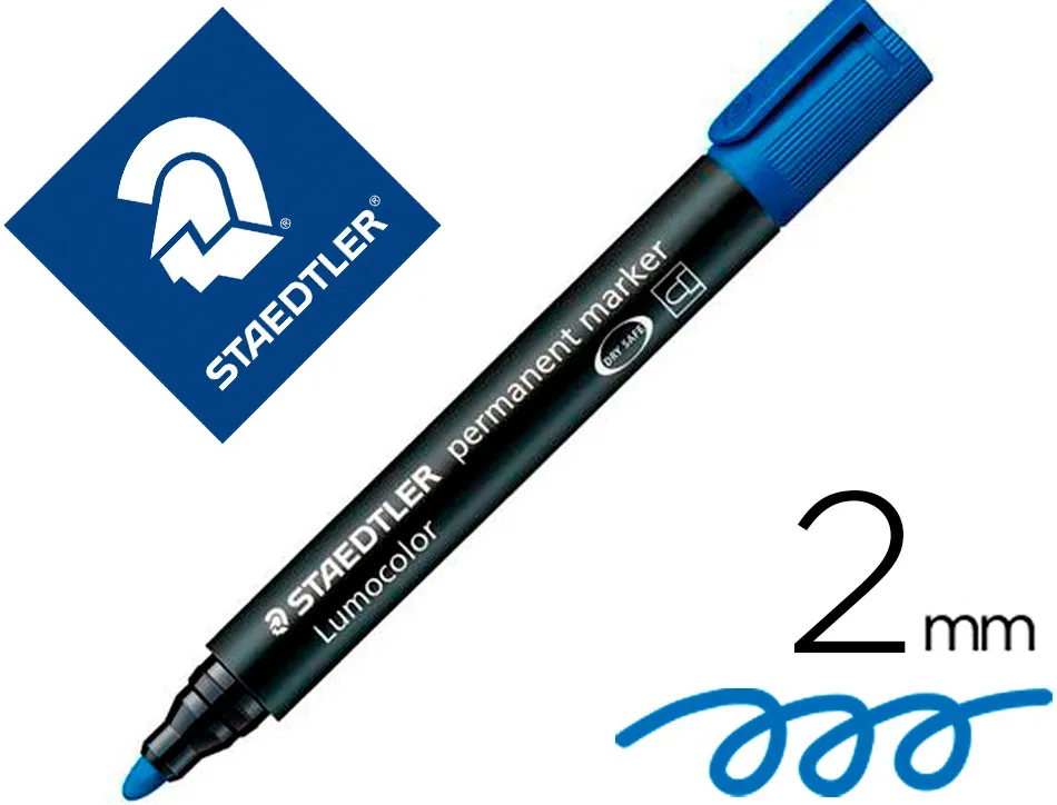 Marqueur staedtler permanent dry safe lumocolor pointe ogive rechargeable résistant eau corps noir encre bleue