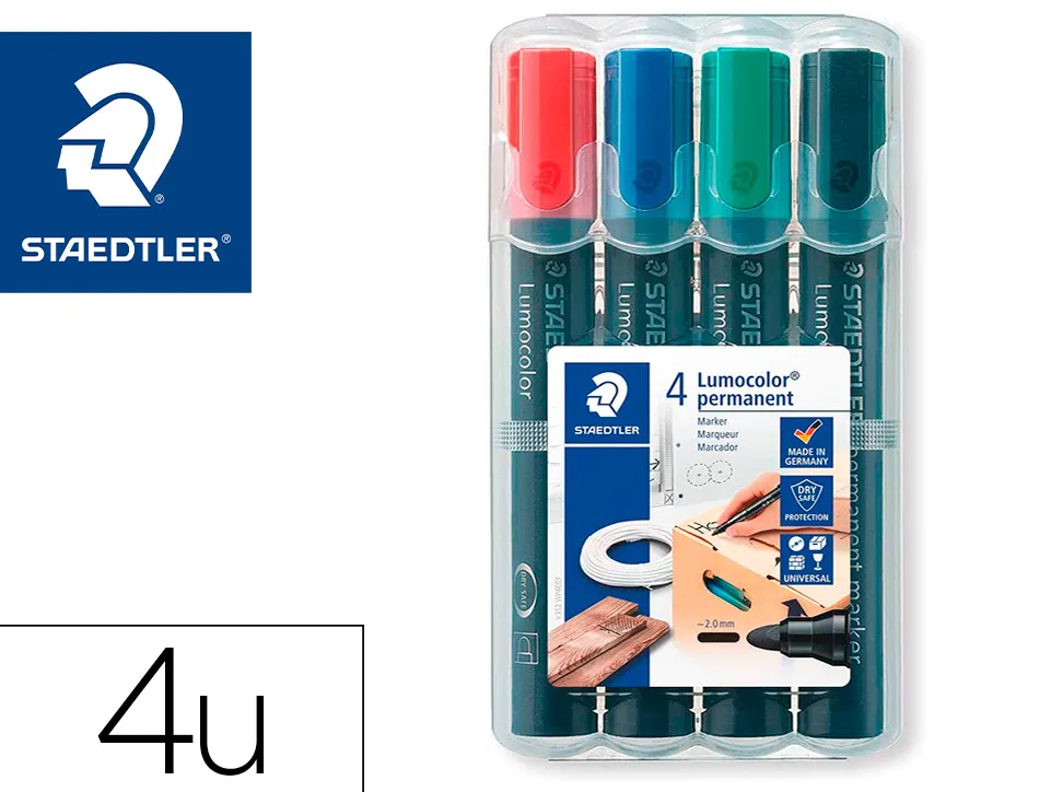 Marqueur staedtler permanent dry safe 352 lumocolor pointe ogive 2mm assortie etui de 4