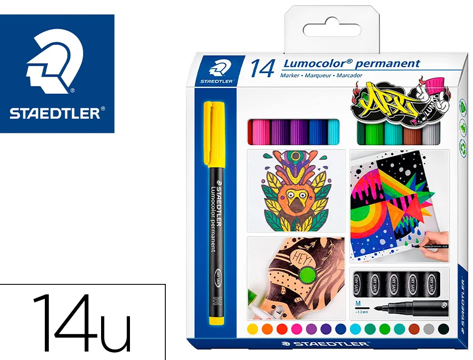 Marqueur staedtler permanent dry safe lumocolor 317 pointe moyenne 1mm coloris assrotis etui de 14 feutres